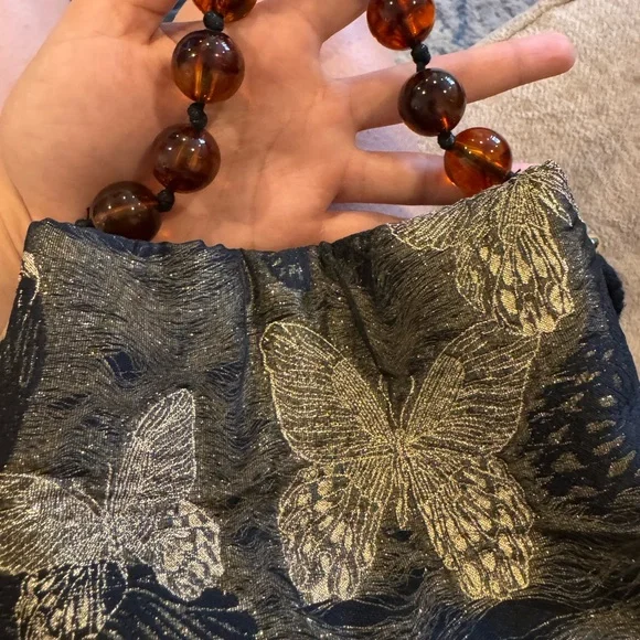 Black and Gold Butterfly Embroidered Bag With Beaded Handle - Picture 5 of 5